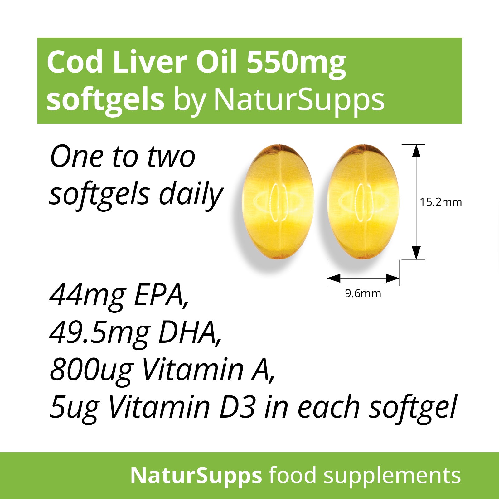 Cod Liver Oil 550mg Softgel Capsules, High Strength Omega 3 Fatty Acids EPA & DHA with Vitamins A and D